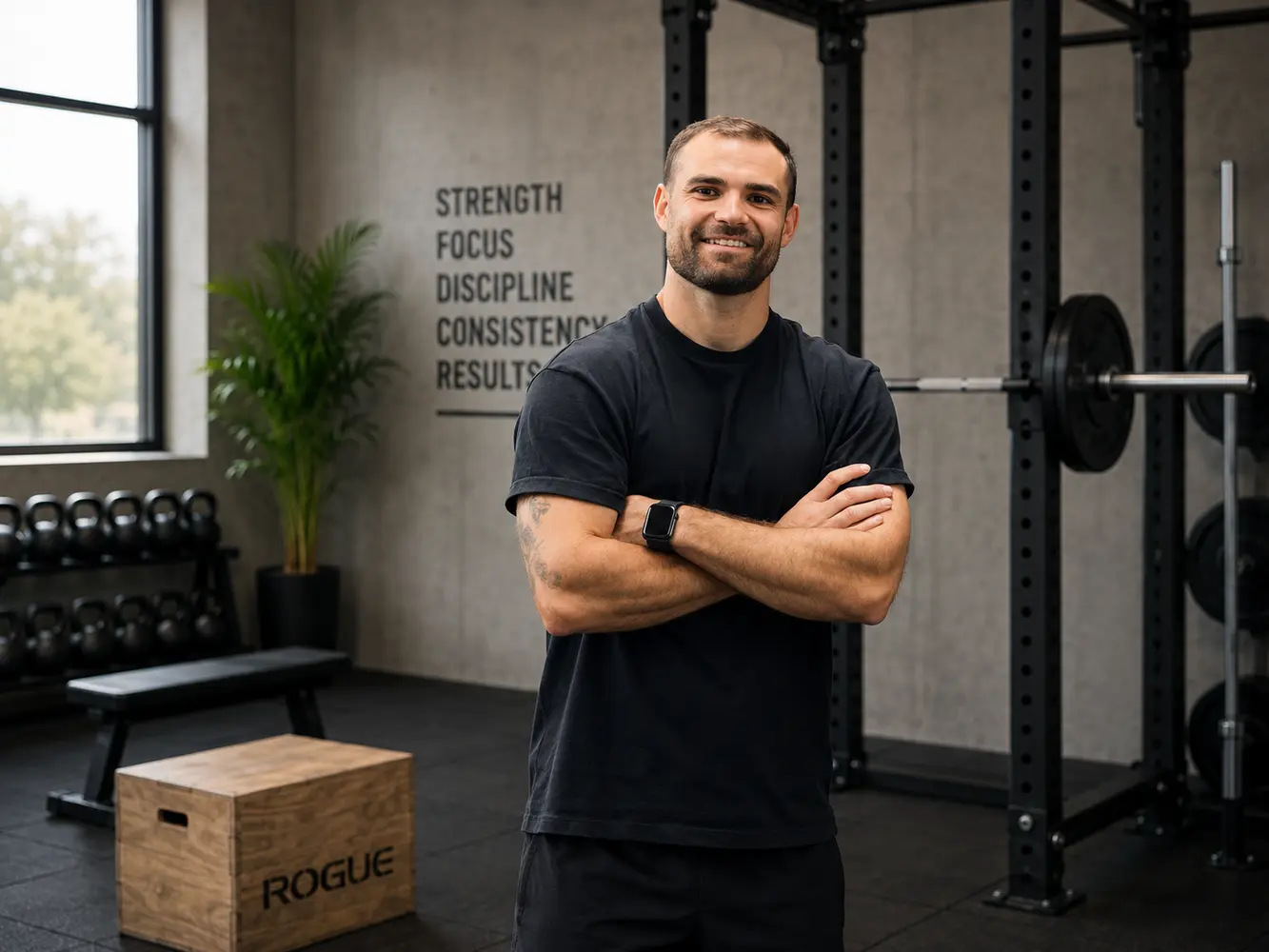 Mann mit neutralem Blick in schwarzem Outfit im Fitnessraum mit Hantelrack