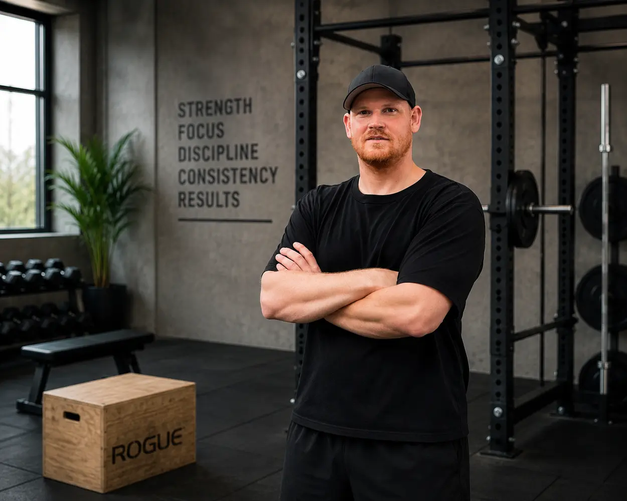 Mann mit neutralem Blick im schwarzen Outfit im grauen Fitnessstudio mit Spruchwand