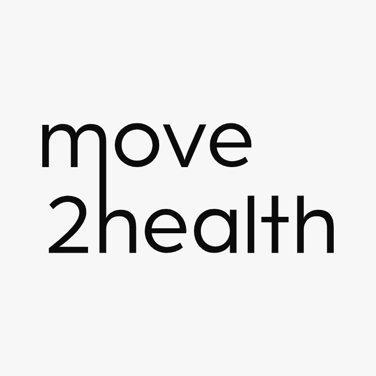 Schwarzer Schriftzug move2health auf weissem Hintergrund mit langer Linie